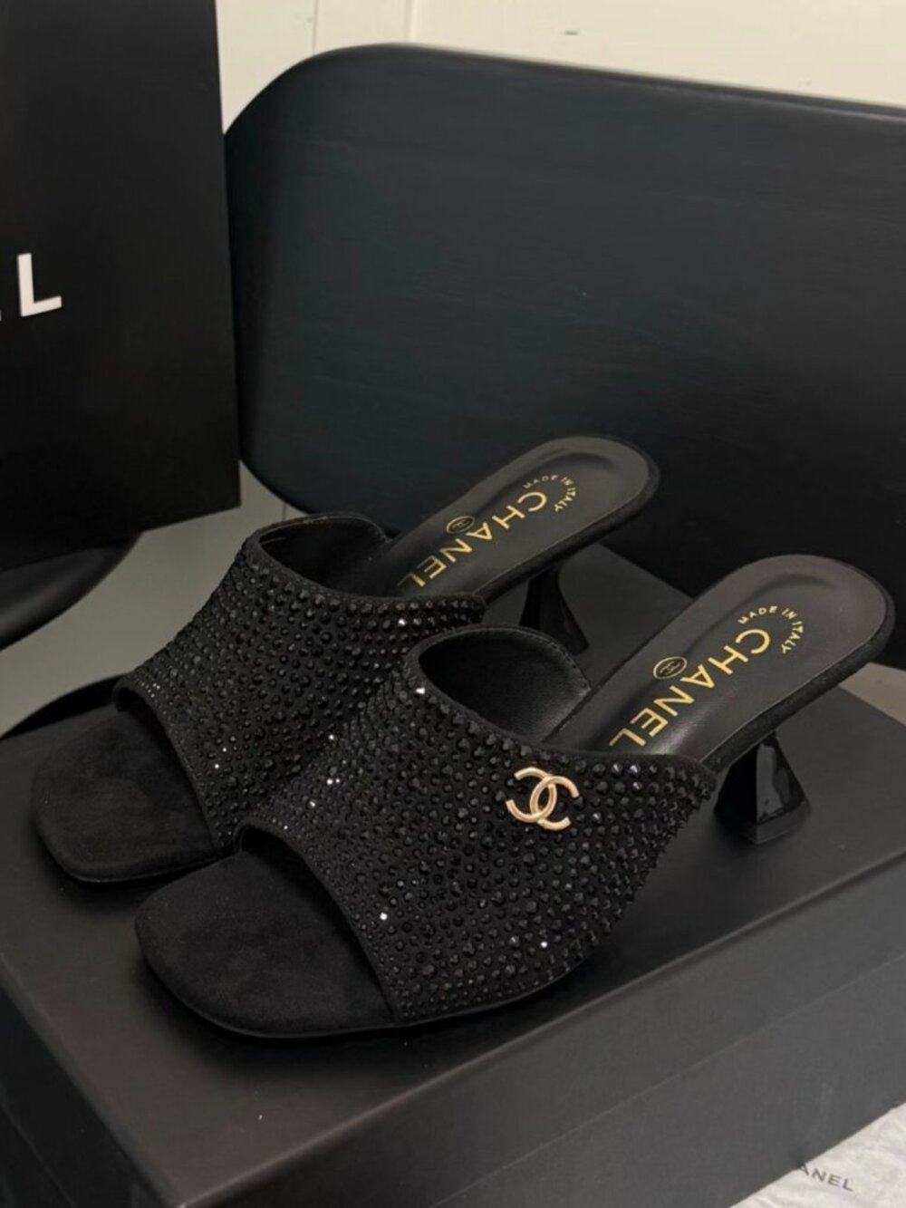 Chanel Black Crystal-Embellished Suede Mule Heels